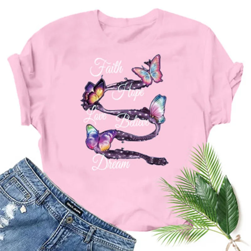 

2021 Summer Hot Sale Butterfly Printed Pattern Short Sleeve Loose Pullover Women's T-shirt