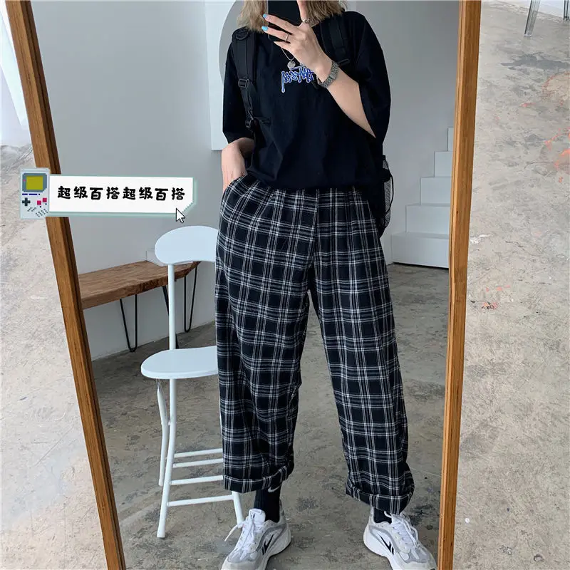 

Black Plaid Pants Girl Fashion Summer Harem Pants High Waist Japan Sweatpants Women Cool Summer Hip Hop Pants Streetwear Female
