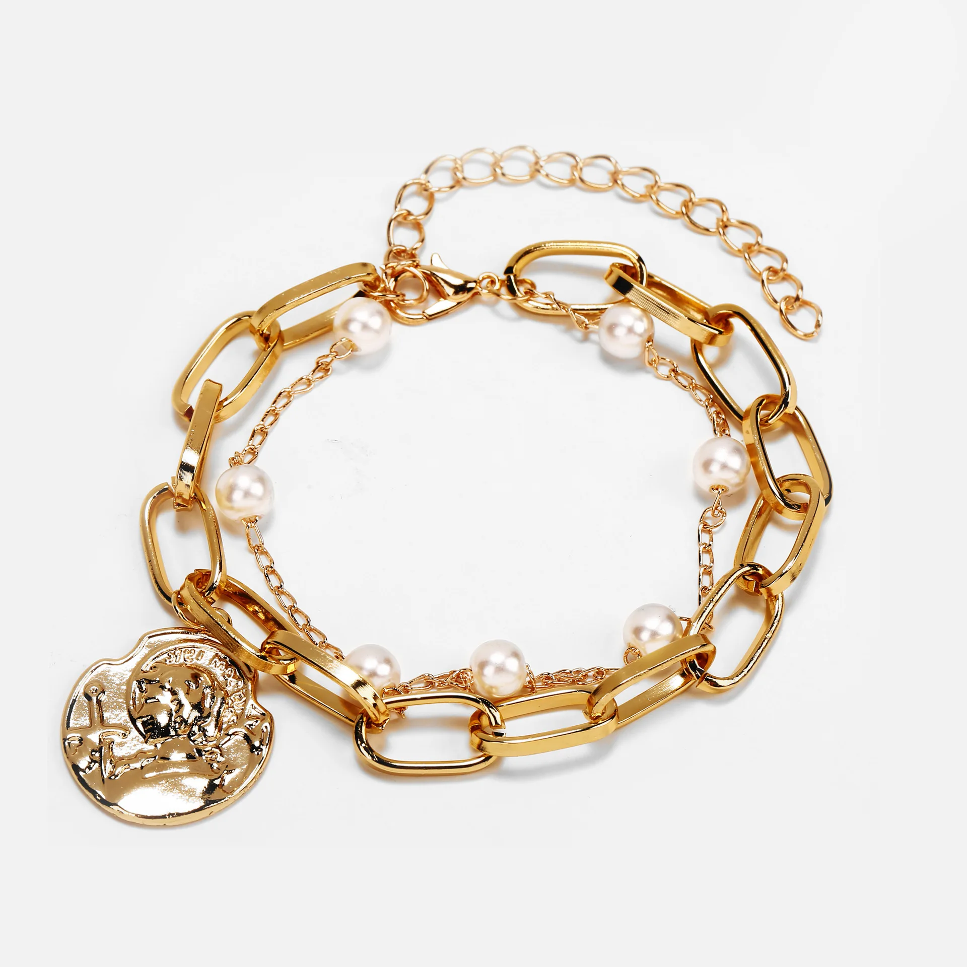 

Gold Charms Heart Pearls Chucky Bracelets Set For Women Multi Layer Vintage Star Chain Gold Link Bracelet Accessories Wholesale