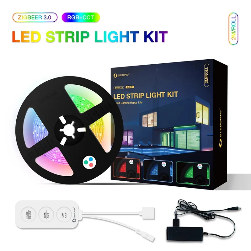 

Zigbee 3.0 Gledopto Smart Home 3-Key LED Controller RGBCCT Light Strip Kit With DC12V Power Supply For TV-Back Lighting kitchen