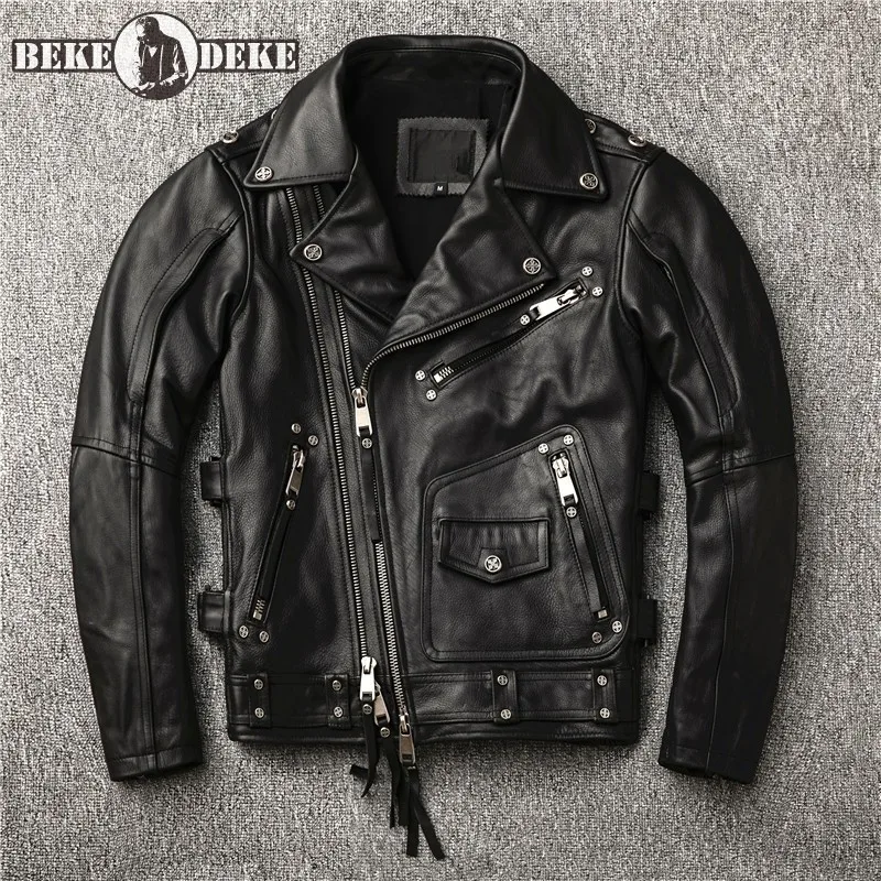 

Punk 100% Genuine Leather Biker Jacket Retro Mens Slim Fit Patchwork Cowhide Coats Fashion High Quality Large Sizes Men Jackets
