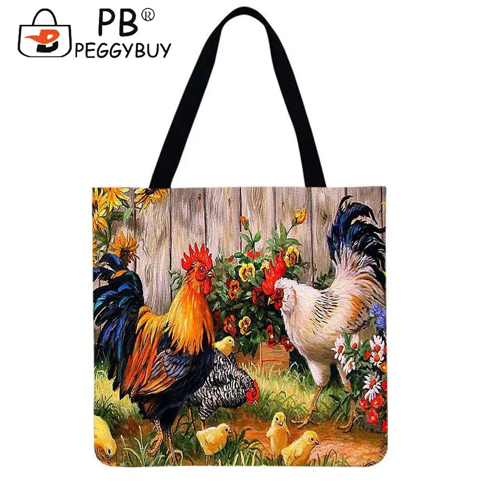 

Portable Animals Flowers Chick Printed Shoulder Shopping Tote Bag Casual All-match Big Capacity Linen Storage Handbag (40*40cm)