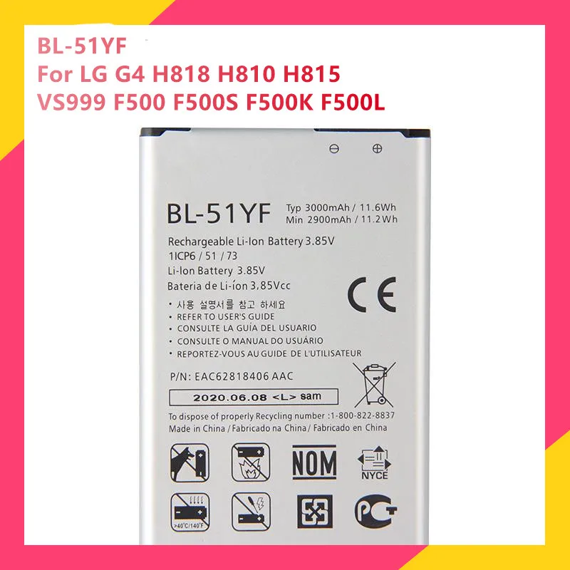 Original Phone Battery BL-51YF For LG G4 H818 H810 H815 VS999 F500 F500S F500K F500L Replacement Rechargable Batteries 3000mAh