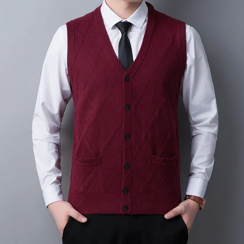 

High Quality 2020 Mens Vest Sweaters Wool Knitted Business Men Sleeveless Vest Male V Collar Men's Wear Knitted Cardigan