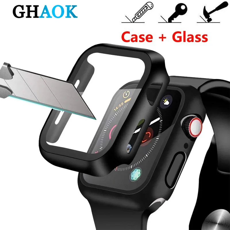 

GHAOK Full cover for Apple Watch series 5 4 3 2 matte Plastic bumper hard frame case with glass film for iWatch screen protector