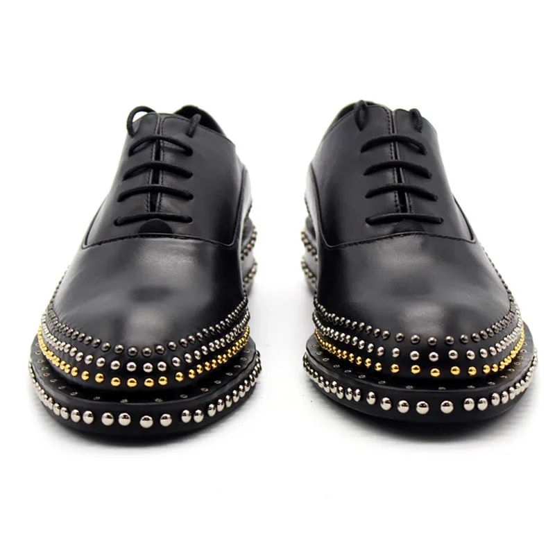 

Top Quality Oxford Shoes Men Hand Made Rivet Thick Platform Leather Shoes Solid Black Low Top Men Wedding Dress Shoes Plus Size
