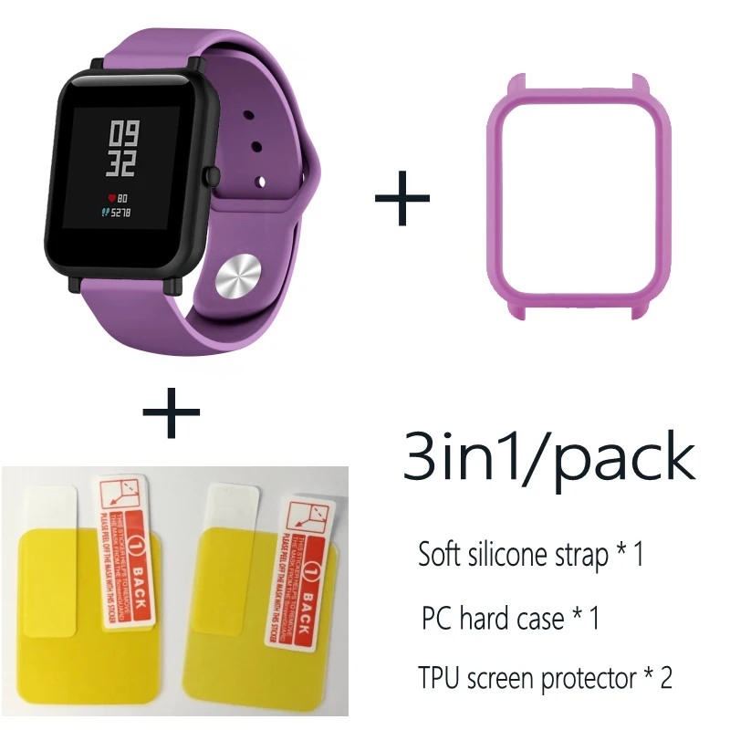 purple-purple case Мягкий силиконовый ремешок на запястье с полным защитным чехлом для Xiaomi Huami Amazfit Bip BIT 20 мм ремешок для часов Крышка для часов из смолы - Цвет: purple-purple case