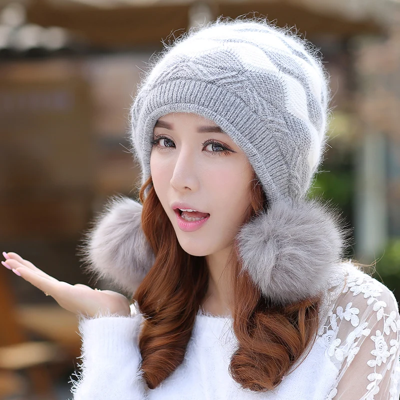 Зимняя вязаная двухслойная плотная теплая шапочка женские милые меховые шапочки