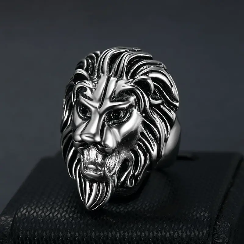 POTCET Men's Ring Stainless Steel Lion Head Titanium Steel Adjustable Retro Hip Hop Jewelry