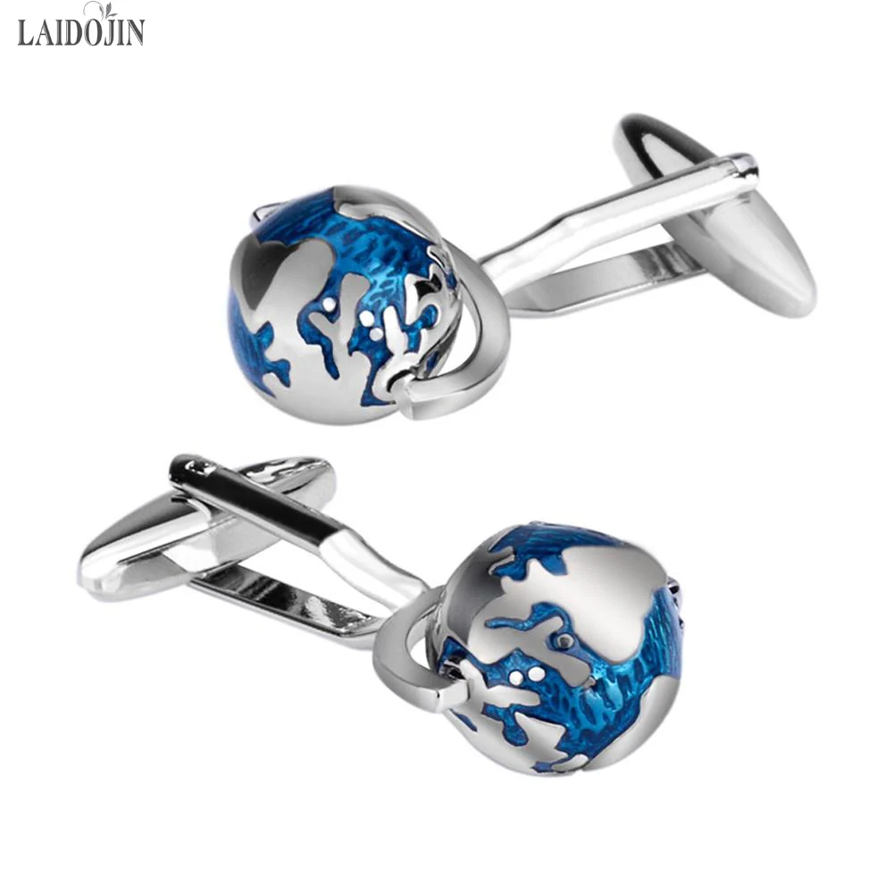 LAIDOJIN Tellurion Cufflinks for Mens Shirt Cuff buttons High Quality Blue Enamel Globe Cuff links Fashion  Brand Jewelry Design