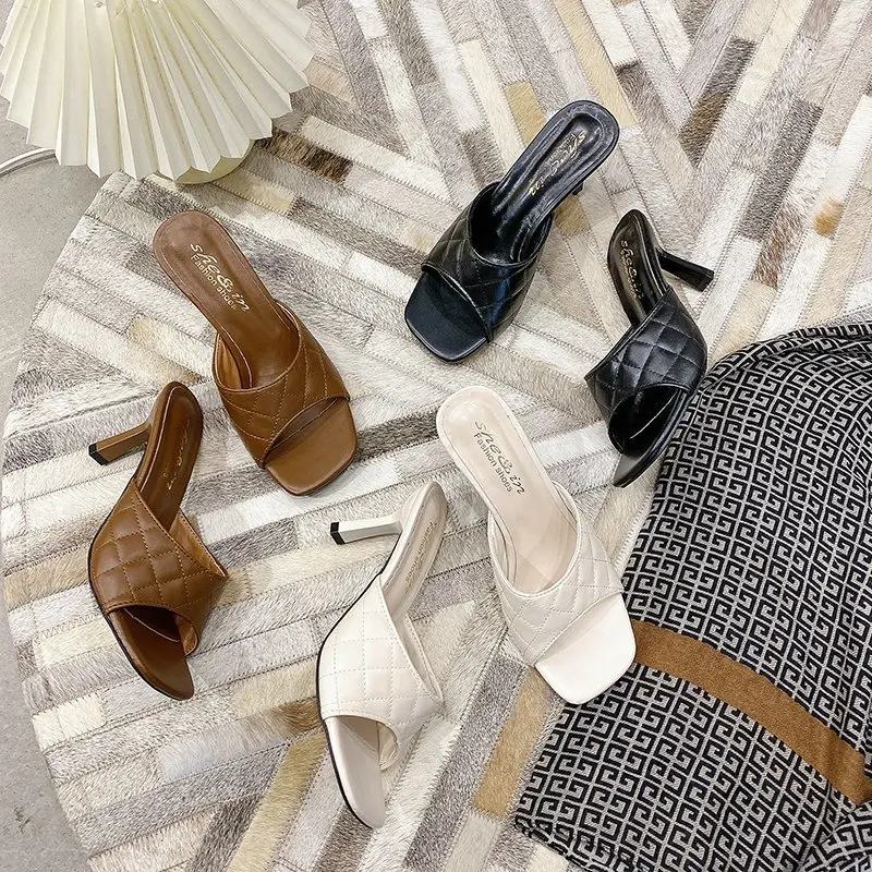 

2021 Women Square Toe Slippers Summer Open Toe Mules Woman Stiletto Sandals Fashion Brand Women High Heels Slippers