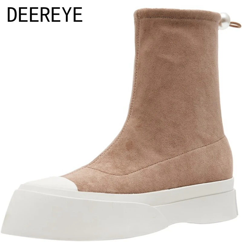 

Female Winter Suede Stitching Stretch Sock Ankle Booties Mid Calf Boots Platform Cozy Casual Shoes Rubber Boots For Women 2021