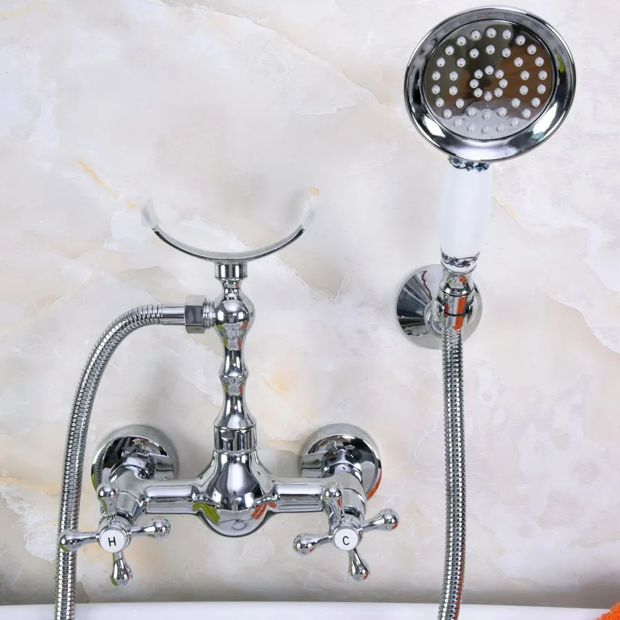 

Polished Chrome Brass Wall Mounted Bathtub Faucet with Handheld Shower Set +150CM Hose Mixer Tap 2na251
