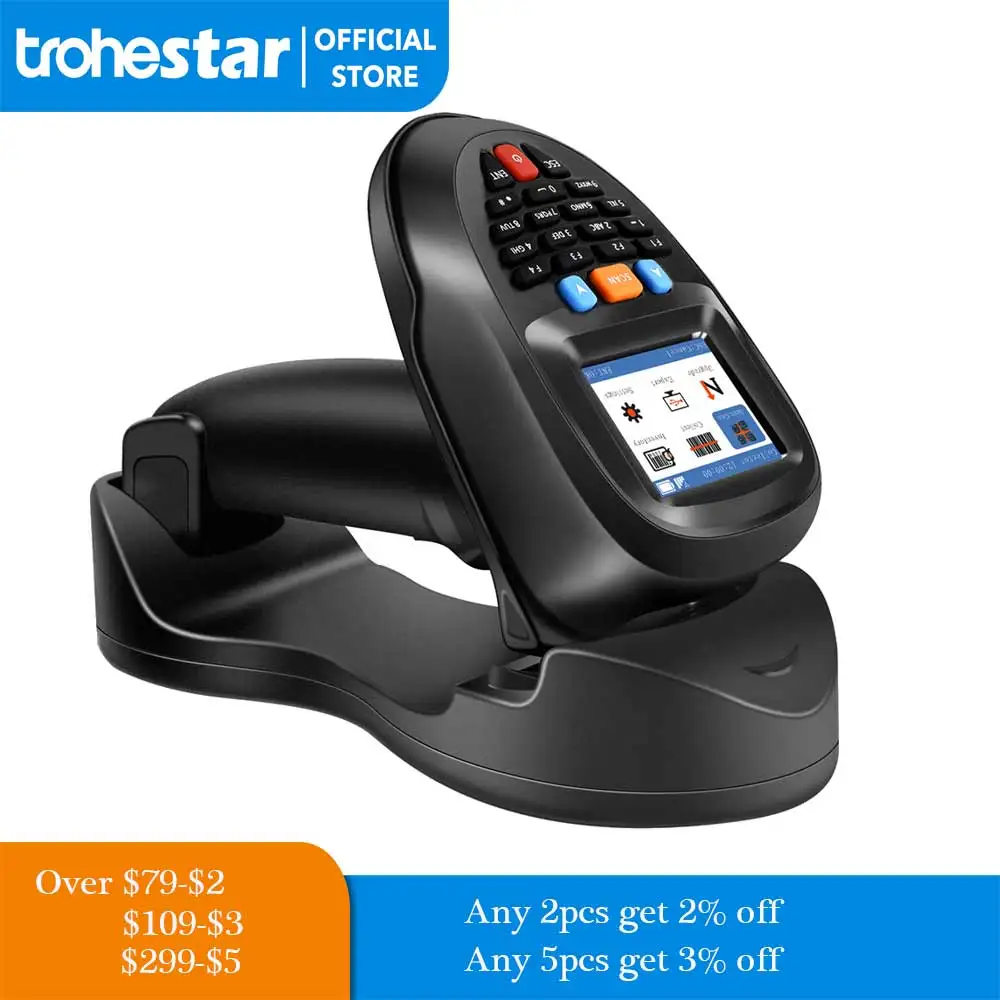 Trohestar Scanner de Código de Barras Terminal de Dados sem Fio Portátil Dispositivo de Inventário de 2.4ghz Leitor de Código de Barras Compatível com Bluetooth