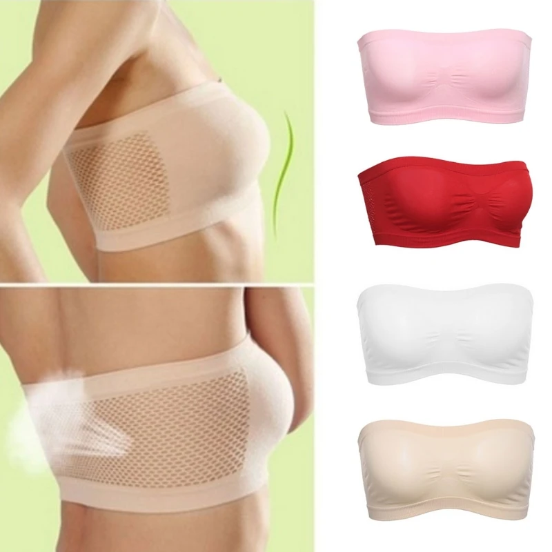 

Womens One Size Strapless Seamless Stretch Bandeau Tube Bra Top Back Mesh Solid
