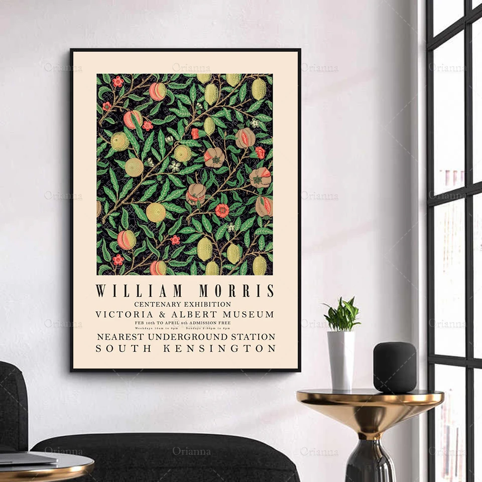 

William Morris Exhibition Poster, Victoria Albert Museum, Strawberry Thieves Pattern, Flower Gift Idea Wall Art Canvas Painting