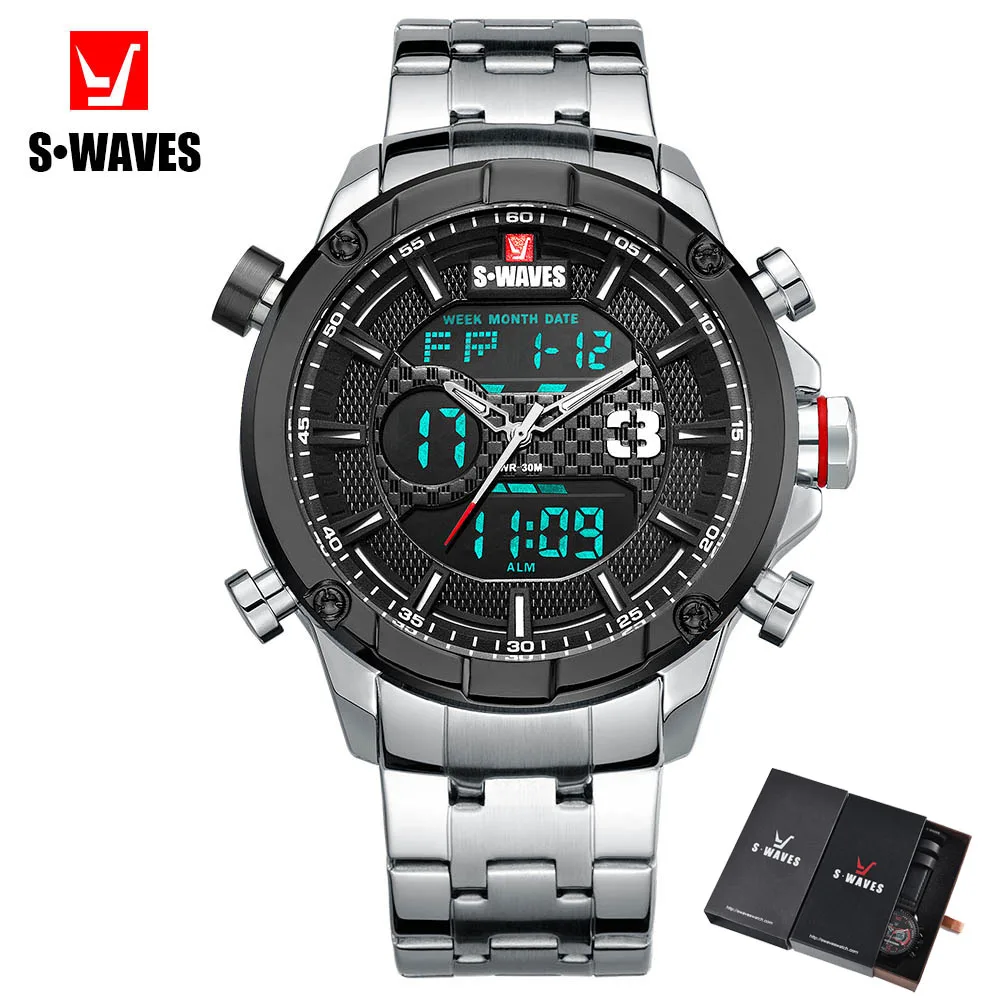 

Dual Display Watch Men Luxury Quartz Stainless Steel Relogios Masculino Waterproof SWAVES Big Brand Wristwatch Mens With Box