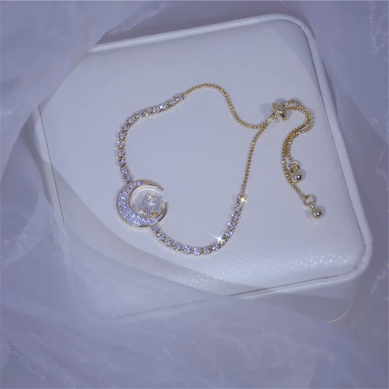 

Женский браслет на удачу со звездой и месяцем, Изысканный Браслет-манжета с кристаллами и цирконами, ювелирные изделия для девушек, 14 карат ...