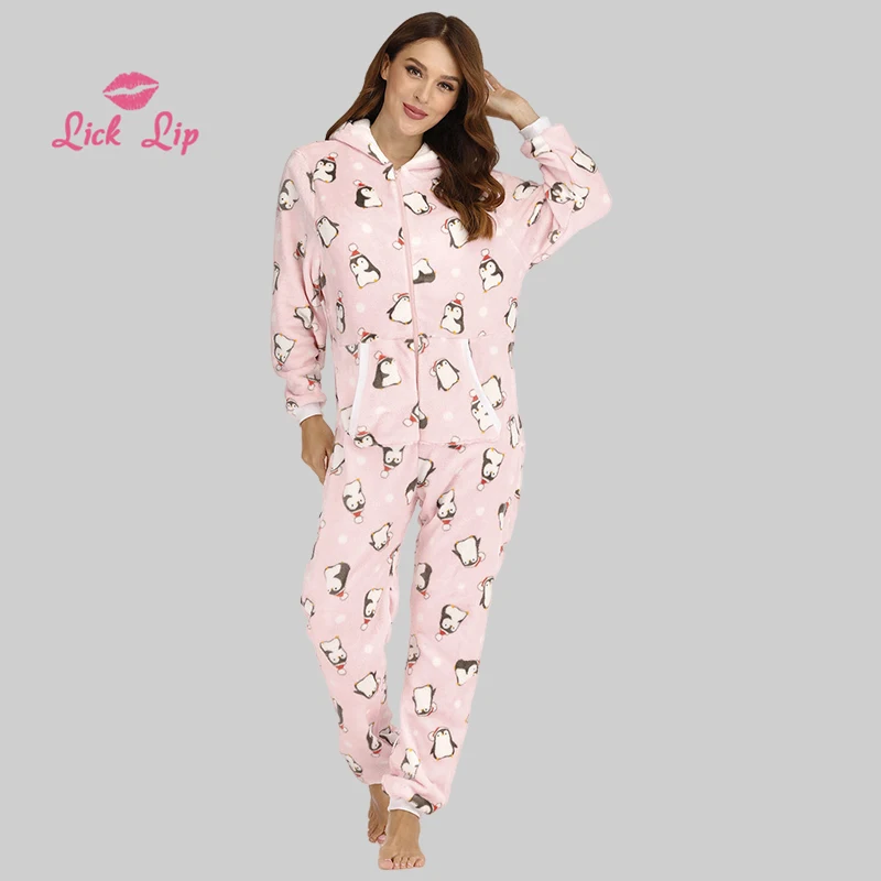 Lick губ Осень и зима фланелевая цельная Пижама с капюшоном рождественский пингвин