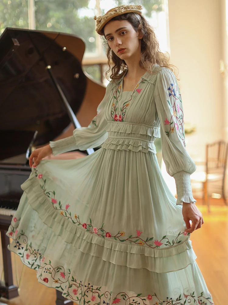 Женское винтажное платье макси с V-образным вырезом и оборками - купить по