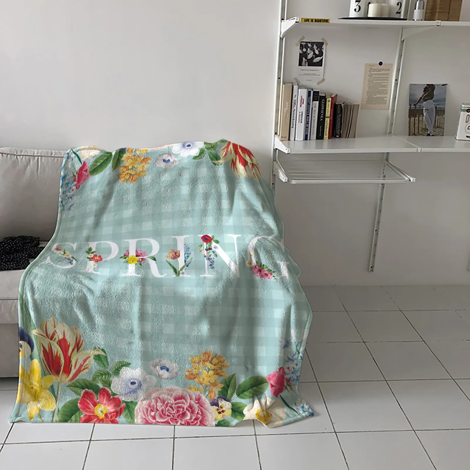 

Spring Flower Plaid Background Throw Blanket Home Sofa Decor Blanket Portable Soft Bedspread Microfiber Blankets for Beds
