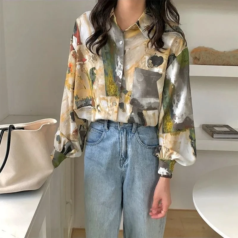 

Zaily 2021 Summer Women Fashion Long Sleeve Painting Print Shirts Regular Single Breasted Female Tops Female Shirt