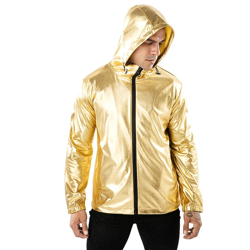 

Autumn winter men fashion gold silver black hooded jacket windbreaker man casual nightclub stage costume punk hip hop coats