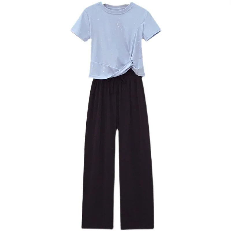 

Plus Size Women's 2021 Summer New Fashion Simple Pure Color T-shirt Elastic Waist Drawstring Trousers Two-piece Casual Suit