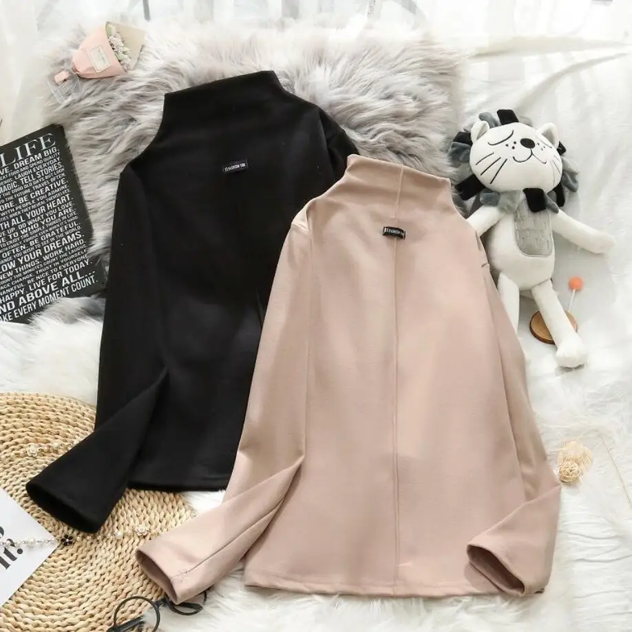 

Женская осенне-зимняя бархатная рубашка с коротким высоким воротником, Повседневная футболка с длинным рукавом и внутренним верхом, 2020