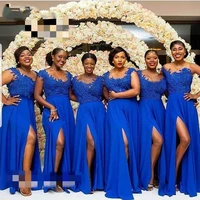 royal blue bridesmaid dresses lace appliques side split chiffon wedding party dresses a line long vestido madrinha 2020