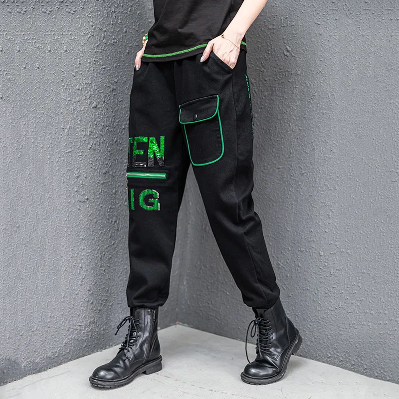 

Max LuLu Winter Korean Fashion Streetwear Ladies Sequins Denim Pants Womens Vintage Printed Jeans Punk Elastic Black Trousers