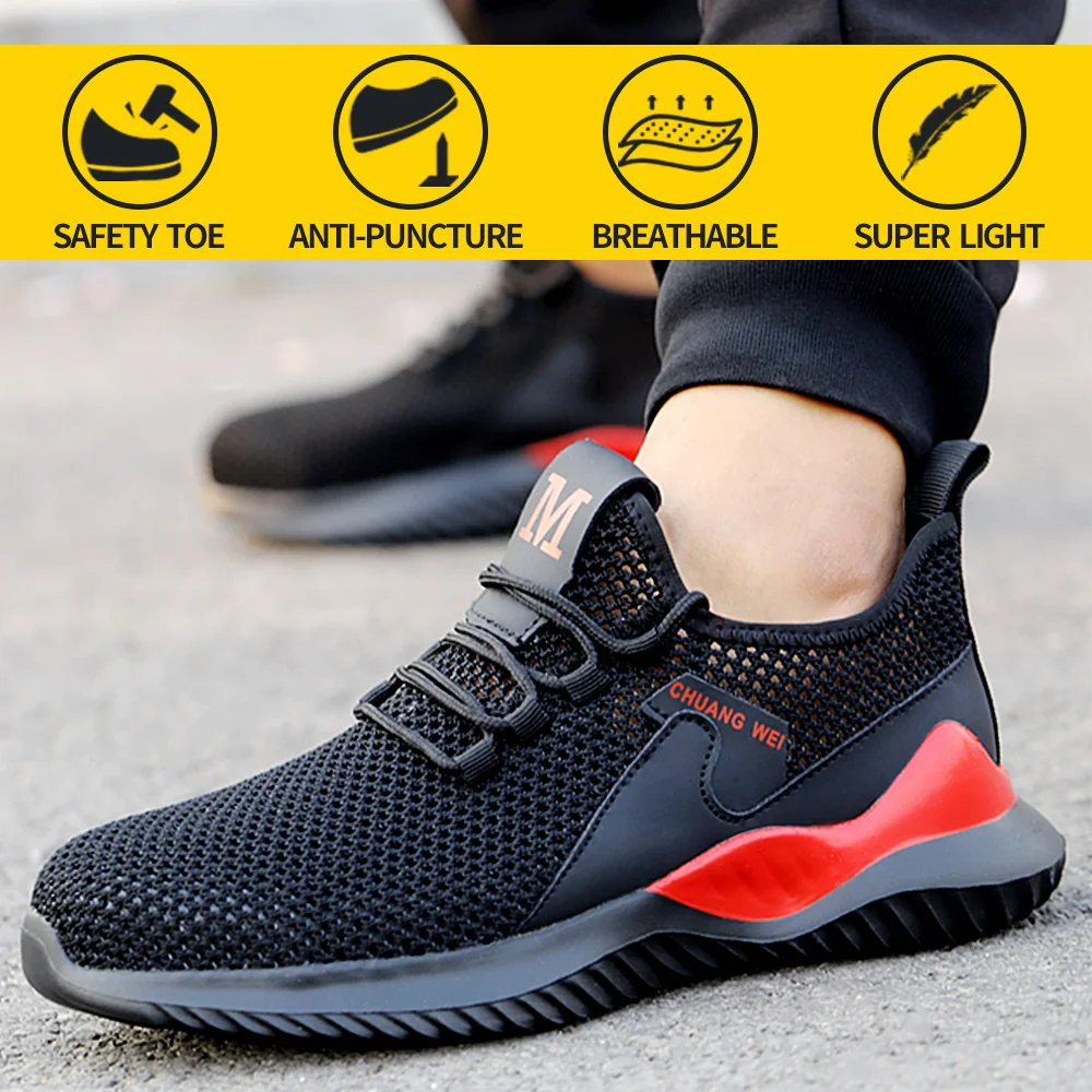 Men Work Safety Shoes Steel Toe Elastic Anti-puncture Anti-Stabbing Anti-Slip Comfortable Proof Soft Light Security Boots Sneake