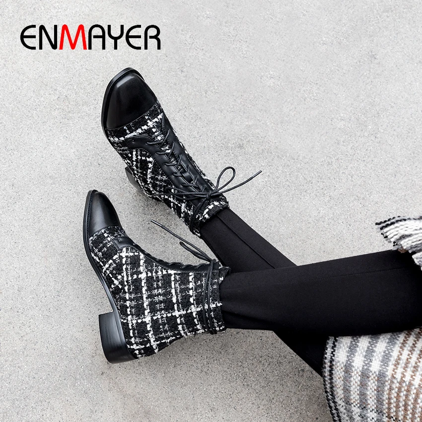 Женские ботильоны с квадратным носком ENMAYER черные парусиновые ботинки из