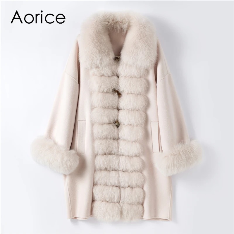 Aorice TX205605 Женское пальто из 90% натуральной шерсти с меховым воротником из натурального Лисьего меха, зимнее пальто, элегантная женская куртка с роговыми пряжками, пальто