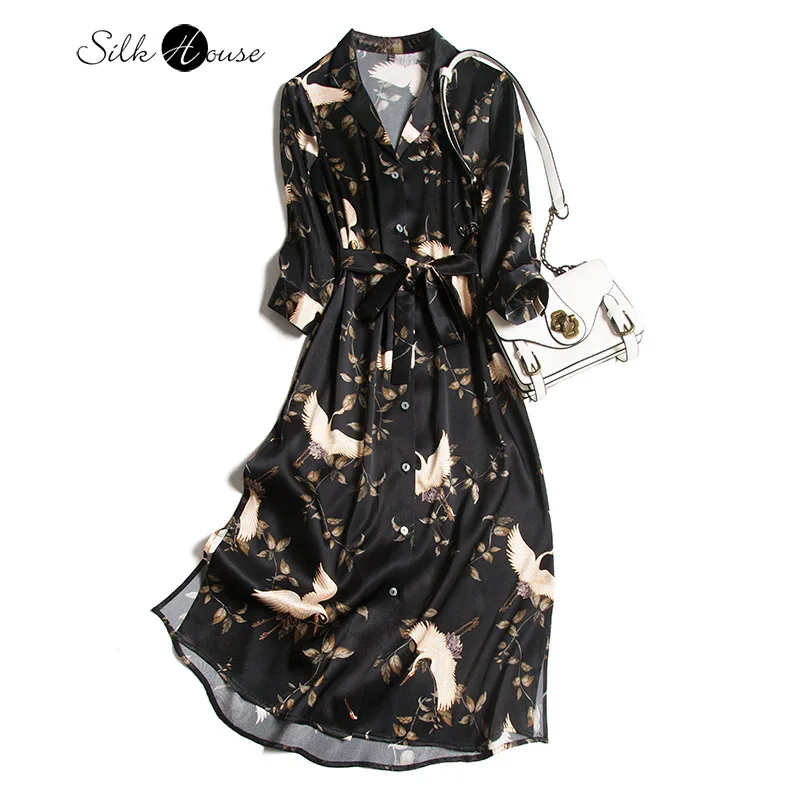 

2021 New Heavyweight Silk Satin Suit Collar Medium Length Shirt Skirt Dress