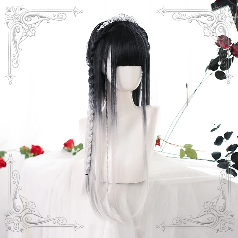 

Female Long Straight Black White Gradual Change Bangs Wig Women Wigs Lolita Cosplay Party