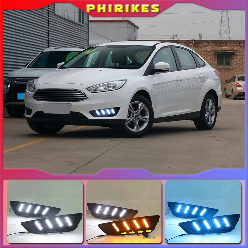 

Дневные ходовые огни, 2 шт., для Ford Focus 3 mk3 2015, 2016, 2017, 2018 светодиодный ДХО, с желтым сигналом, противотуманные фары