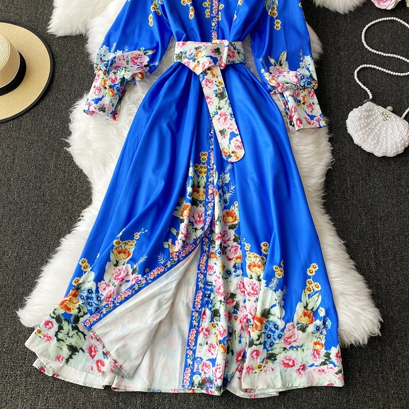 

Women's Printed Party Long Dress Autumn Winter Turn-Down Collar Lantern Sleeve Floral Single Breasted Vestidos 2021 New Fashion