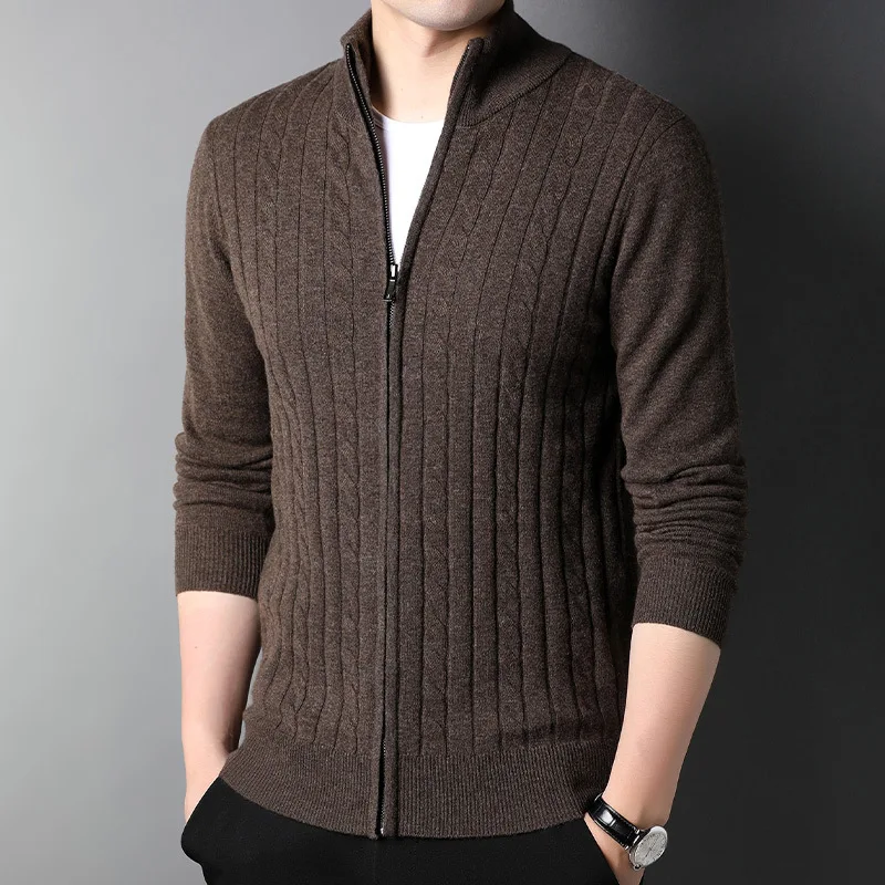 Sweaters  Mens Clothes Men's Zipper Cardigan Pure Wool Thicken Young and Middle-aged Half High Collar Solid Color