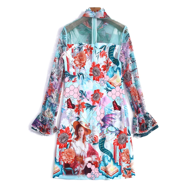 

Runway Fashion Spring Summer New Designer Bow Mesh Patchwork Party Casual Holiday Print Flared Long Sleeve Mini Women'S Dress