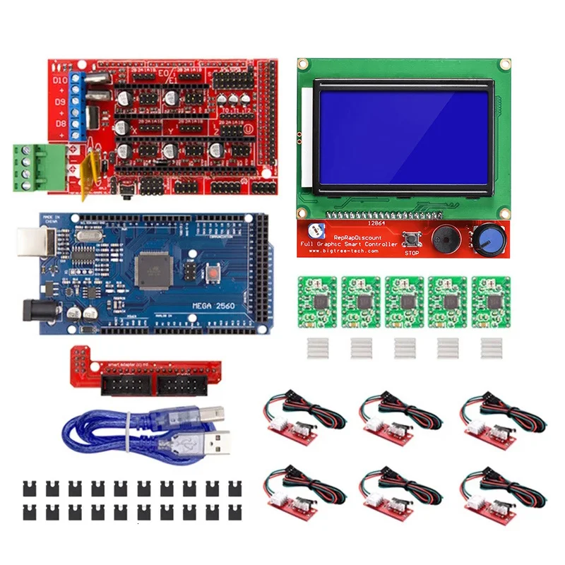 

Комплект для 3D-принтера Arduino Mega 2560 R3 + контроллер Ramps 1,4/1,6 + ЖК 12864 + 6 ограничителей хода + 5 шаговых драйверов A4988