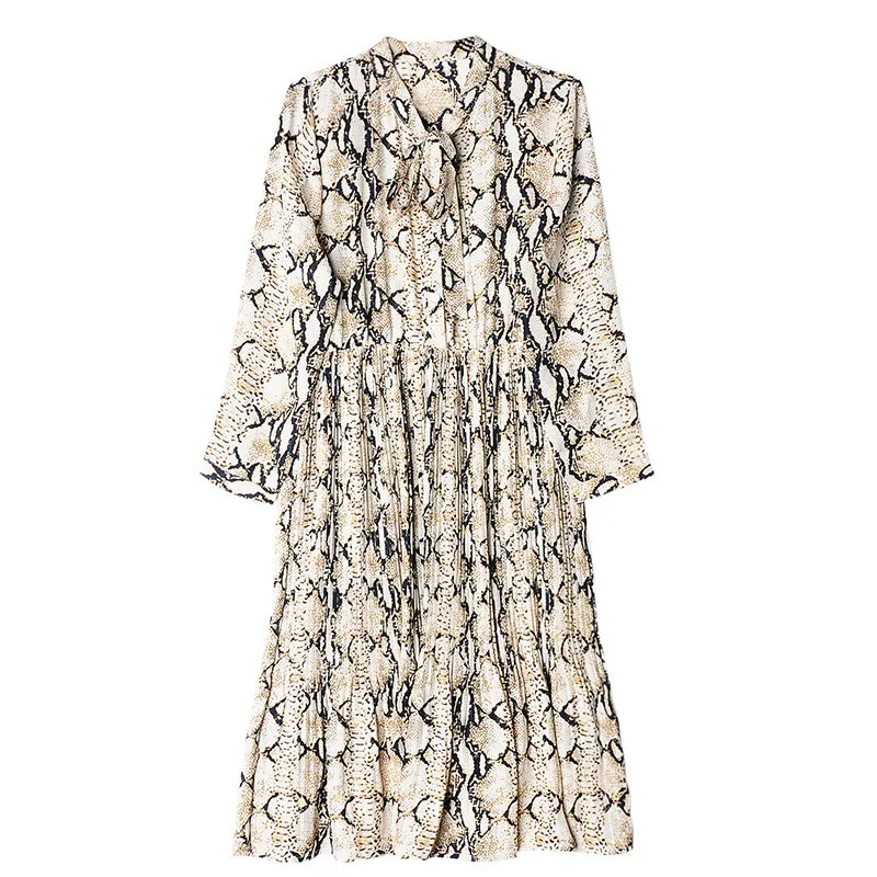 

2021 Spring Summer Dress Women Long Sleeve Leopard Printed Bow Chiffon A-Line Elegant Fashion Prom Party Evening Woman Dresses