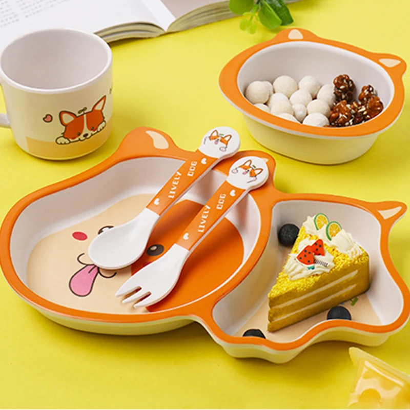 Five-Piece Suit Puppy Pattern Tableware Bamboo Plates For Food Baby Feeding Dishes Children Flat | Мать и ребенок
