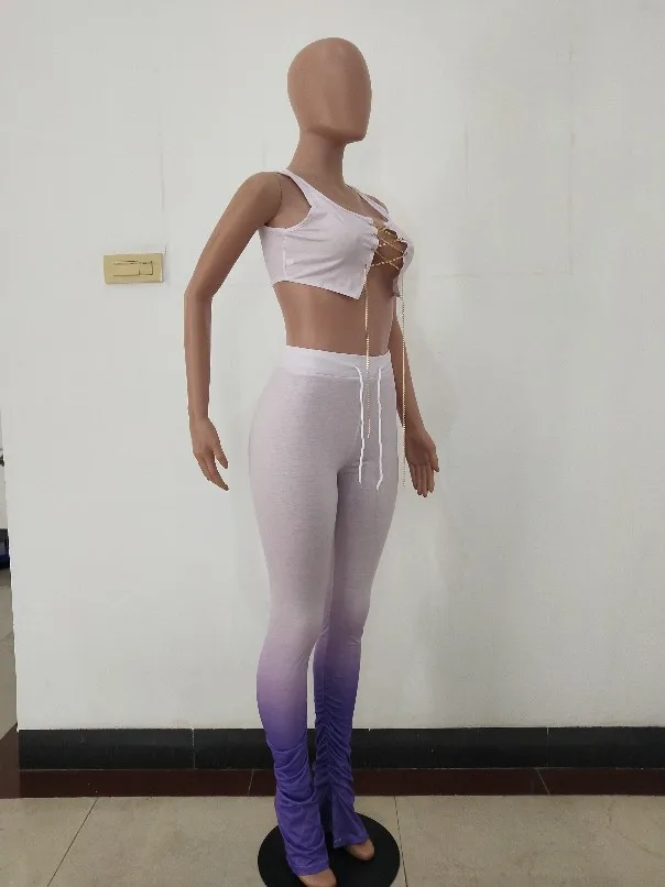 

Stacked Leggings Women Two Piece Set Sleeveless Crop Tops Gradient Stacked Bell Bottom Flare Jogger Suit Tracksuit Matching Set