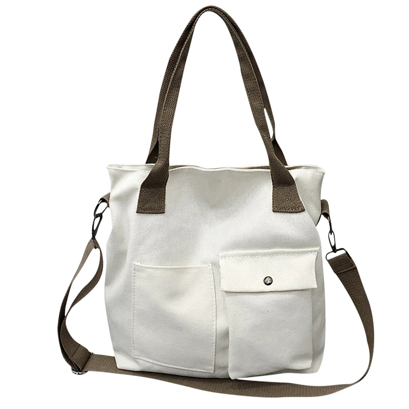 

2021 Women Casual Large Capacity Shopping Bags Solid Color Canvas Retro Ladies Portable Eco Tote Bags