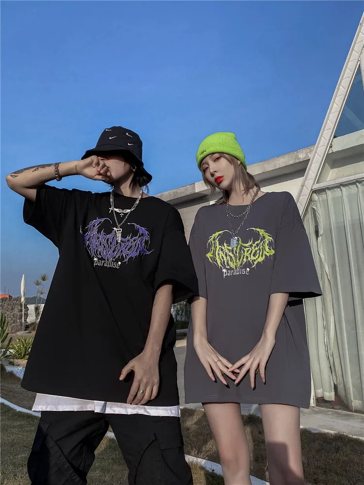 

Hip Hop T-shirt Men Gothic Print Streetwear Casual Loose Cotton Short Sleeve Oversized Tops Tees Harajuku Tee-shirt Homme