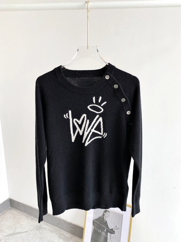 

Spring and Autumn New Fashion Pullover Sweater Round Neck Long Sleeve All-match Button 100% Cashmere Sweater Women