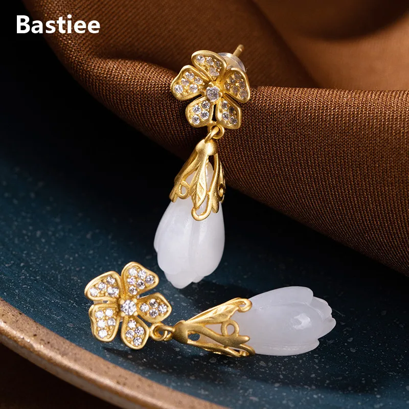 Bastiee Gold Plated Jade Drop Stud Earrings Silver 925 Jewelry Gifts For Women Magnolia Flower Earings