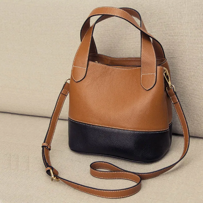 

Genuine leather Bucket Bag Women 2022 New Trendy Fashion Hit Color HandBag Small Bag Female top layer cowhide single shoulder me