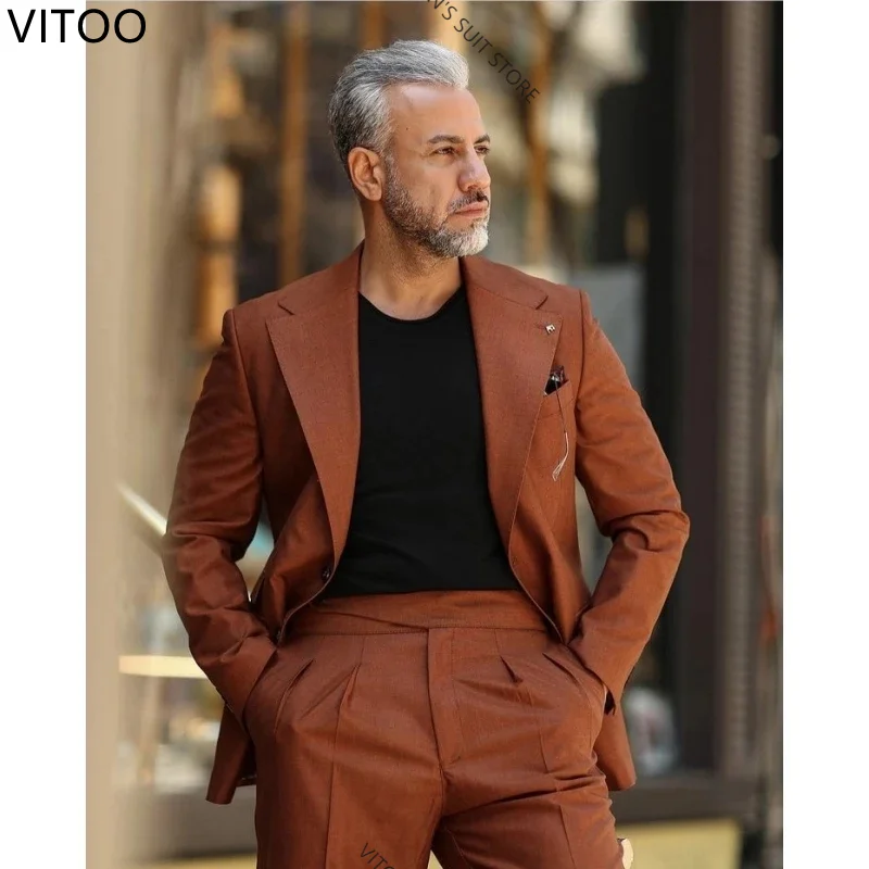 

High Quality Brown Men Suits Street Style Costume Homme 2 Pcs Slim Fit Formal Wedding Groom Prom Tuxedos Blazer (Jacket+Pants)